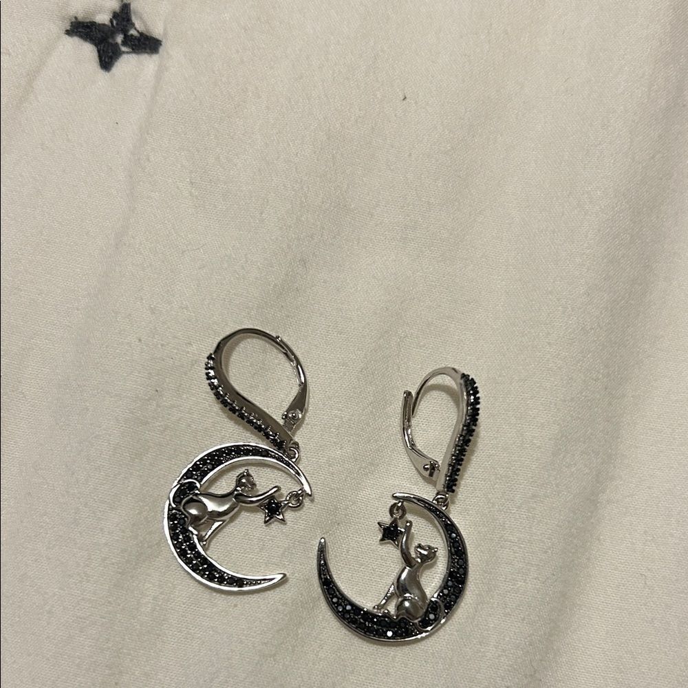 Sterling Silver 925 Cat and Moon Earrings